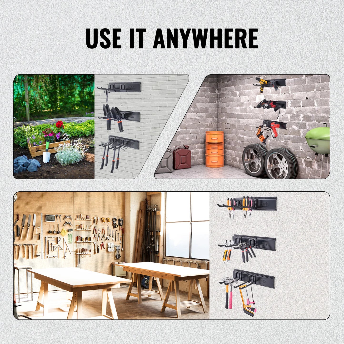 Wall Mount Heavy Duty Storage Rack W/ Adjustable Hook Rails for Shovels Trimmers Hose