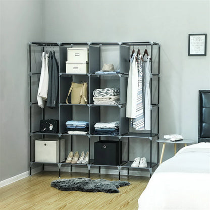 67" Portable Wardrobe Clothes closet Storage Rack 12 Shelves 4 Side Pockets Gray
