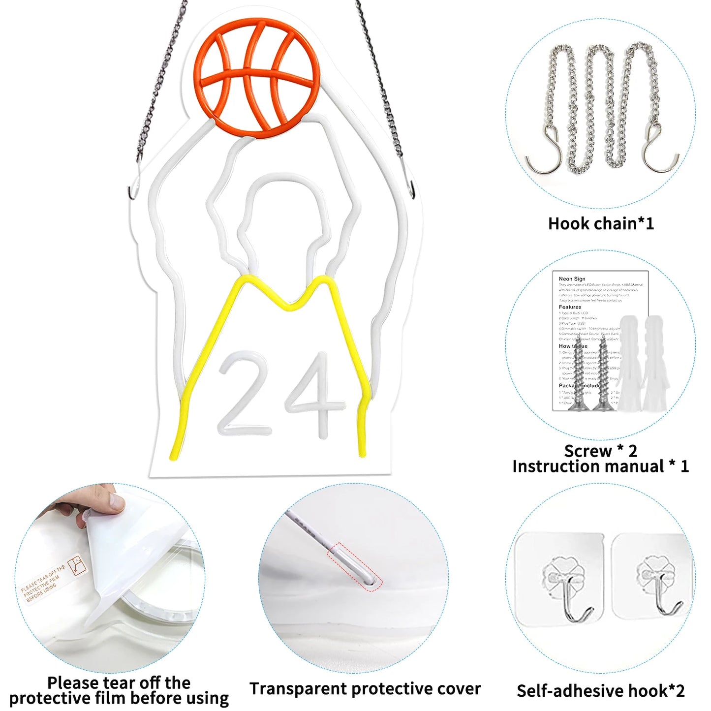 Dimmable LED Neon Sign for Wall Decoration, Sports Basketball Sign