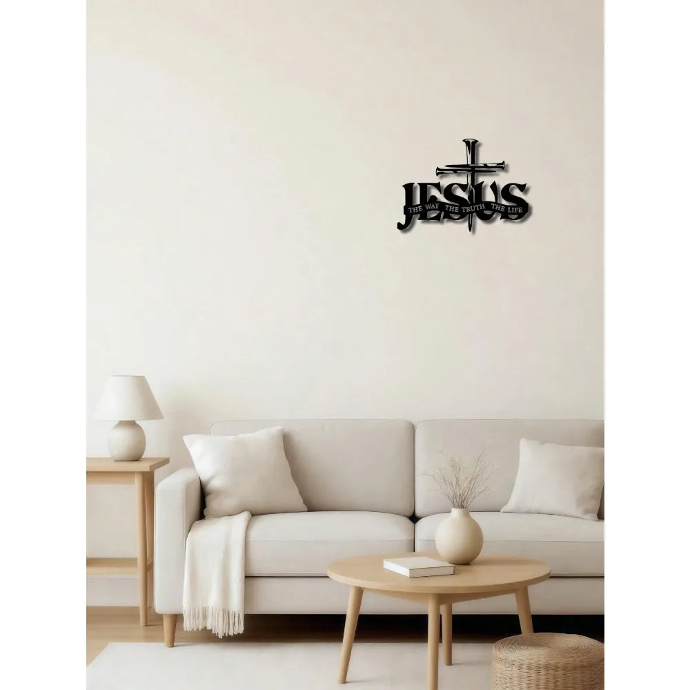 Jesus Cross Metal Wall Sculpture – "The Way, The Truth, The Life" Sign