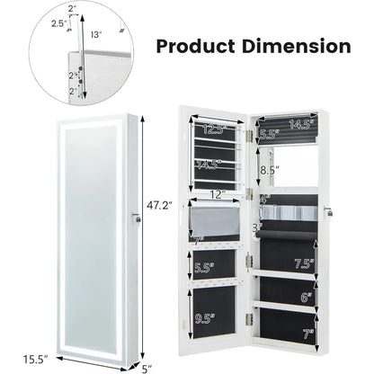Wall-Mounted Jewelry Cabinet with Touchscreen Lighted Mirror, 47.2" Full-Length, Lockable,