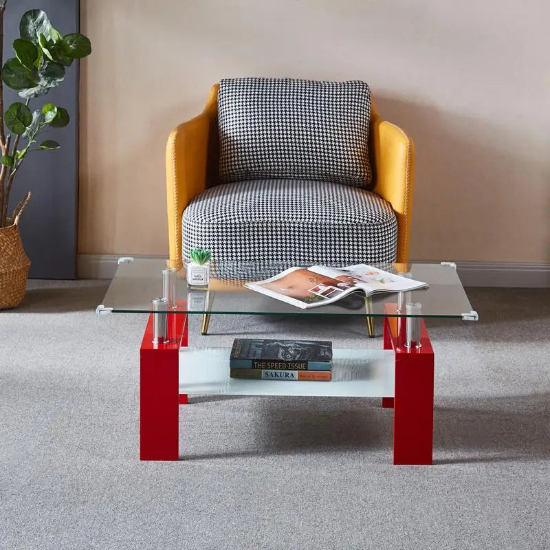 Red Rectangular Coffee Table with Double Layer Storage Shelf