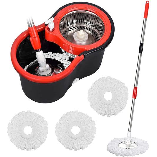 360° Spin Mop Bucket Sets with Wring System in 3 Microfiber Heads, Stainless Steel