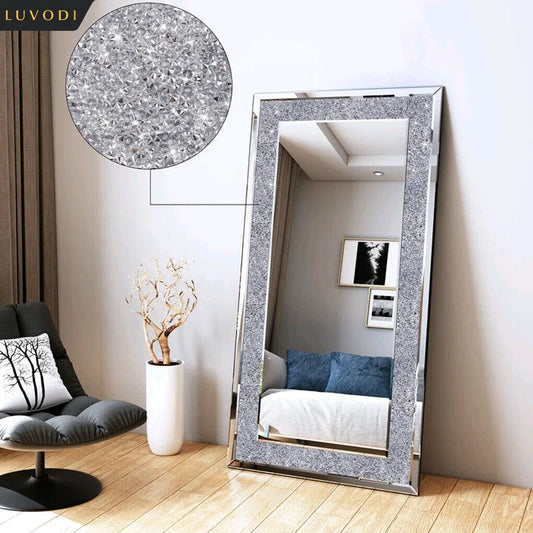 LUVODI Large Silver Sparkly Crystal Rhinestone Diamond Frameless Vanity Mirror