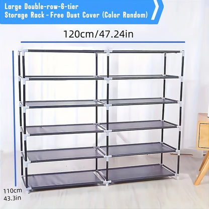 6-layer double row shoe rack with dust cover, black plastic design