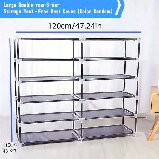 6-layer double row shoe rack with dust cover, black plastic design