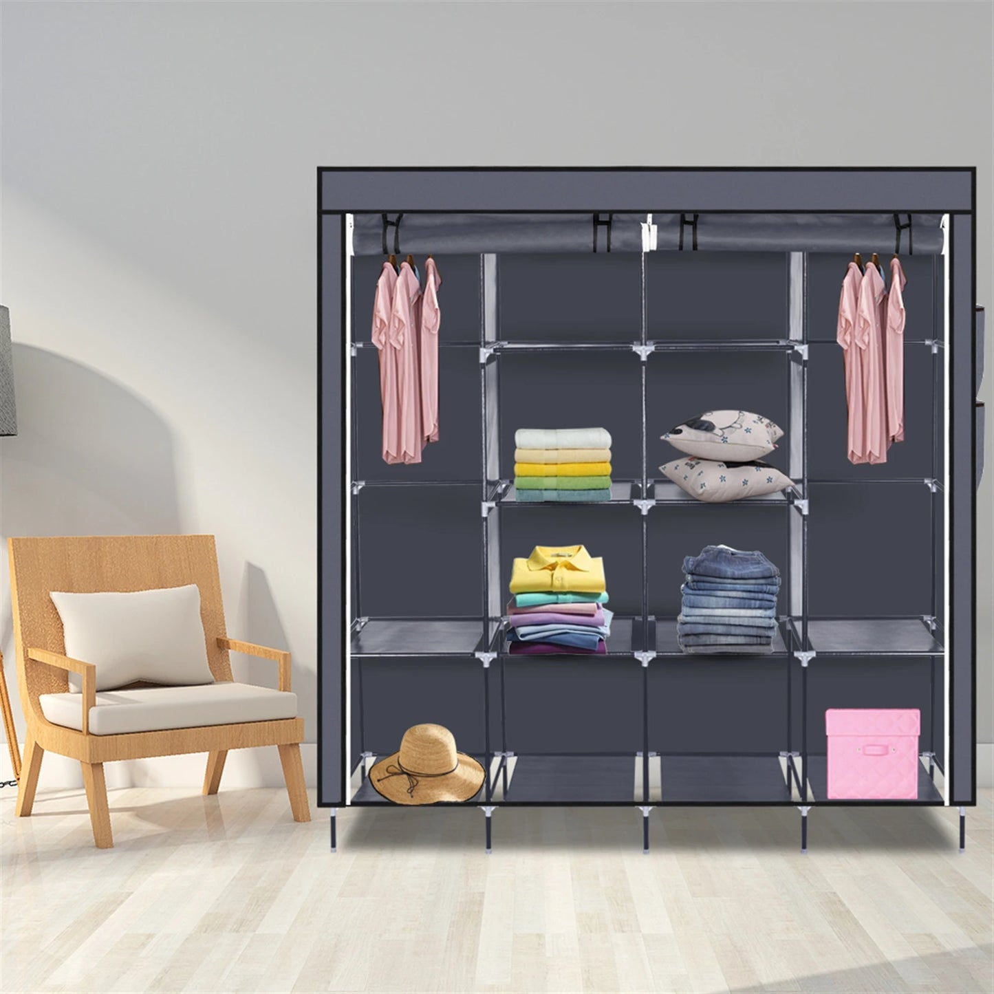 67" Portable Wardrobe Clothes closet Storage Rack 12 Shelves 4 Side Pockets Gray