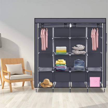 67" Portable Wardrobe Clothes closet Storage Rack 12 Shelves 4 Side Pockets Gray
