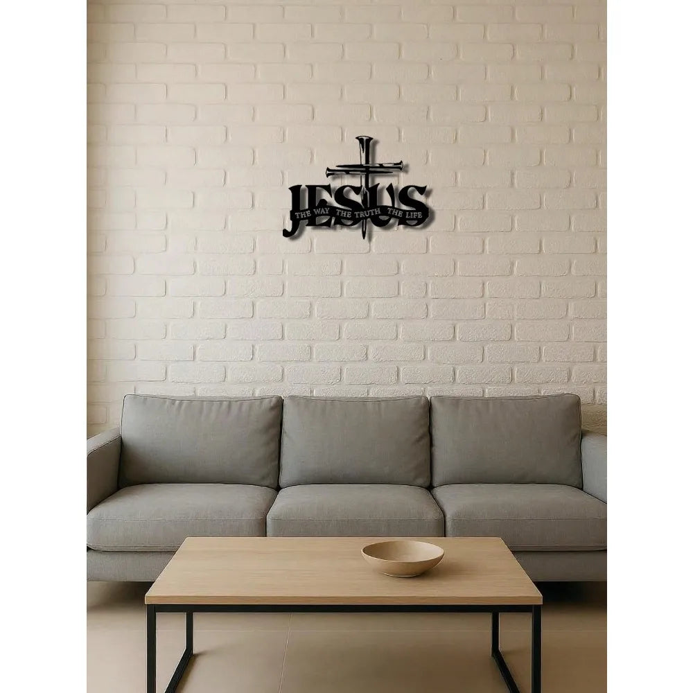 Jesus Cross Metal Wall Sculpture – "The Way, The Truth, The Life" Sign