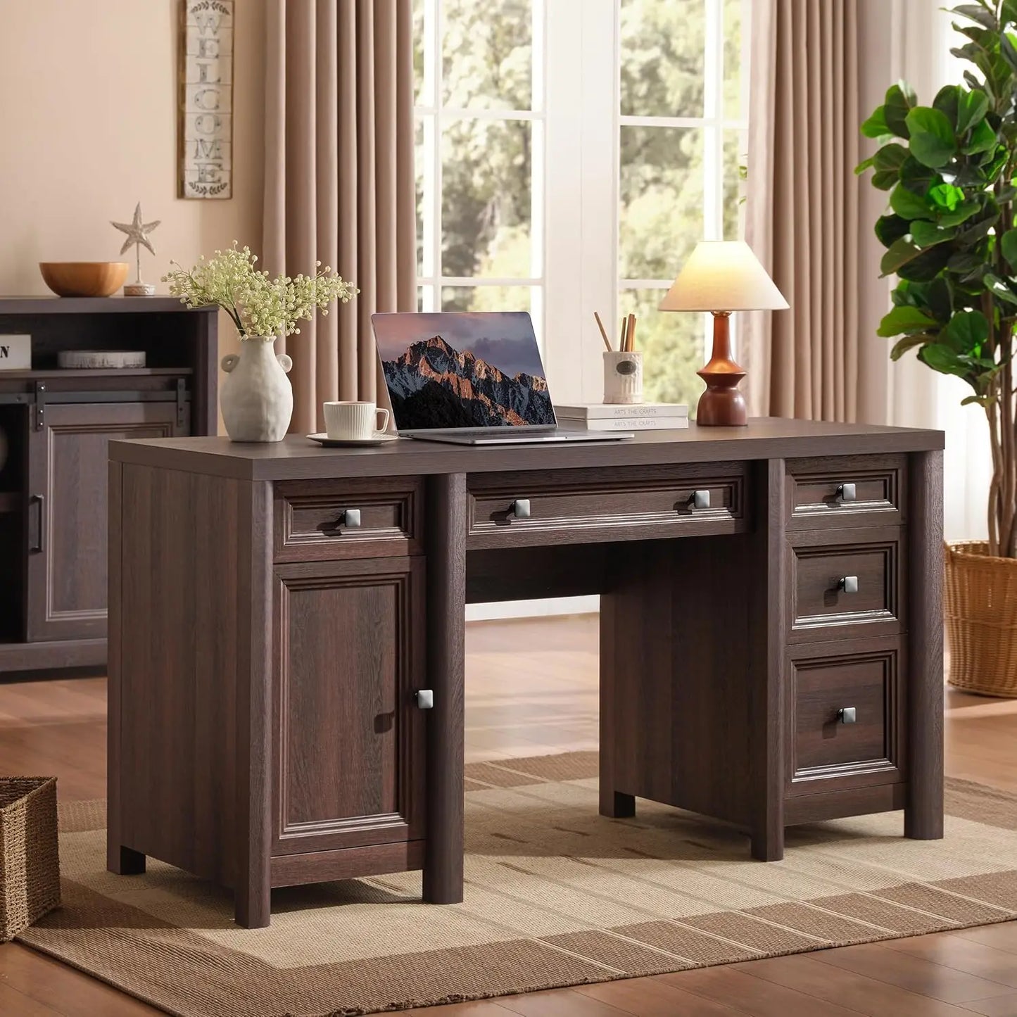 "58" Farmhouse Computer Desk - 5 Drawers , Adjustable Shelf