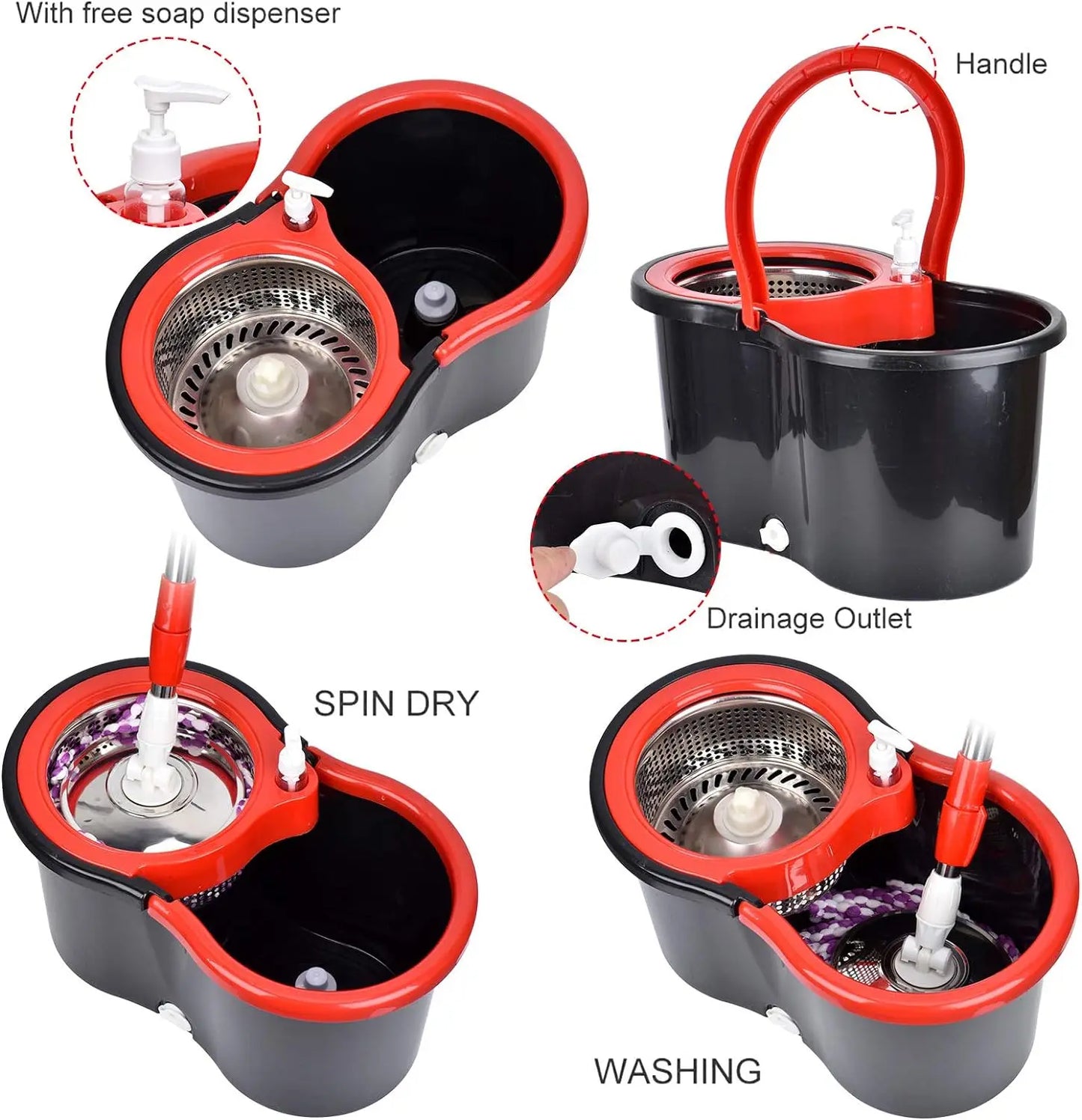 360° Spin Mop Bucket Sets with Wring System in 3 Microfiber Heads, Stainless Steel