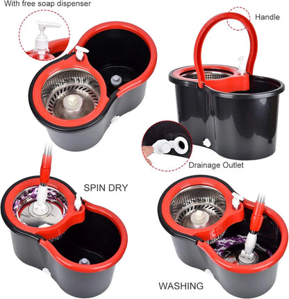 360° Spin Mop Bucket Sets with Wring System in 3 Microfiber Heads, Stainless Steel