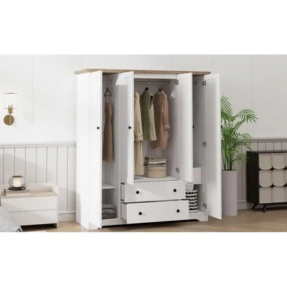 4-Door Wardrobe Armoire Closet with 2 Drawers in White Finish