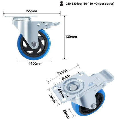Fixkit 4x 100mm Swivel Castors with Brake Heavy Duty Castors 150kg Per Castor