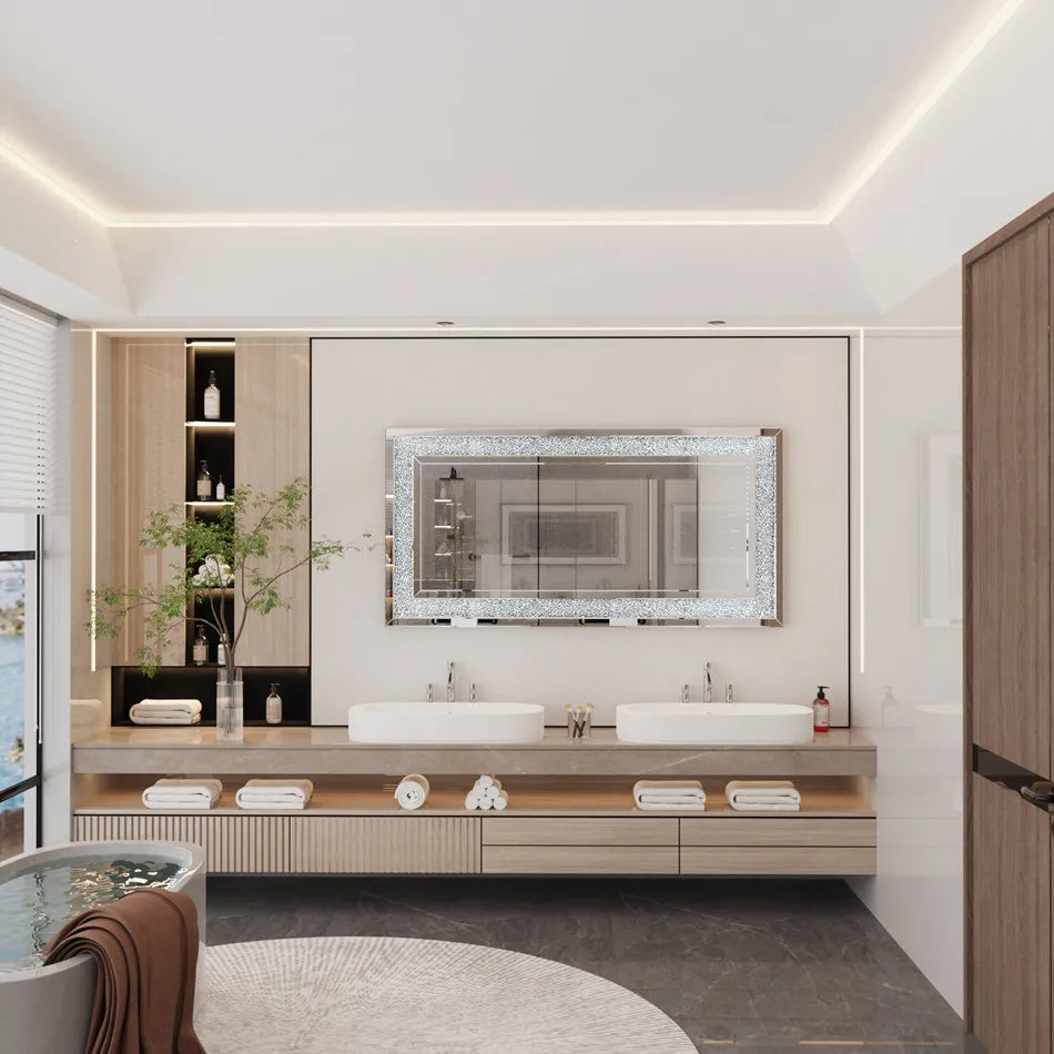 LUVODI Large Silver Sparkly Crystal Rhinestone Diamond Frameless Vanity Mirror