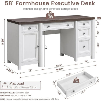 "58" Farmhouse Computer Desk - 5 Drawers , Adjustable Shelf