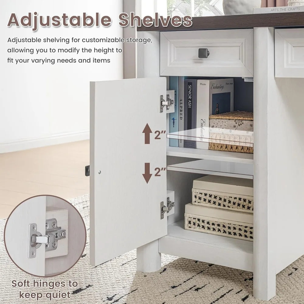 "58" Farmhouse Computer Desk - 5 Drawers , Adjustable Shelf