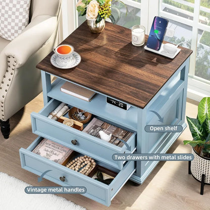 Nightstand Set of 2 with Charging Station, 24" Wide End Table with 2 Drawers