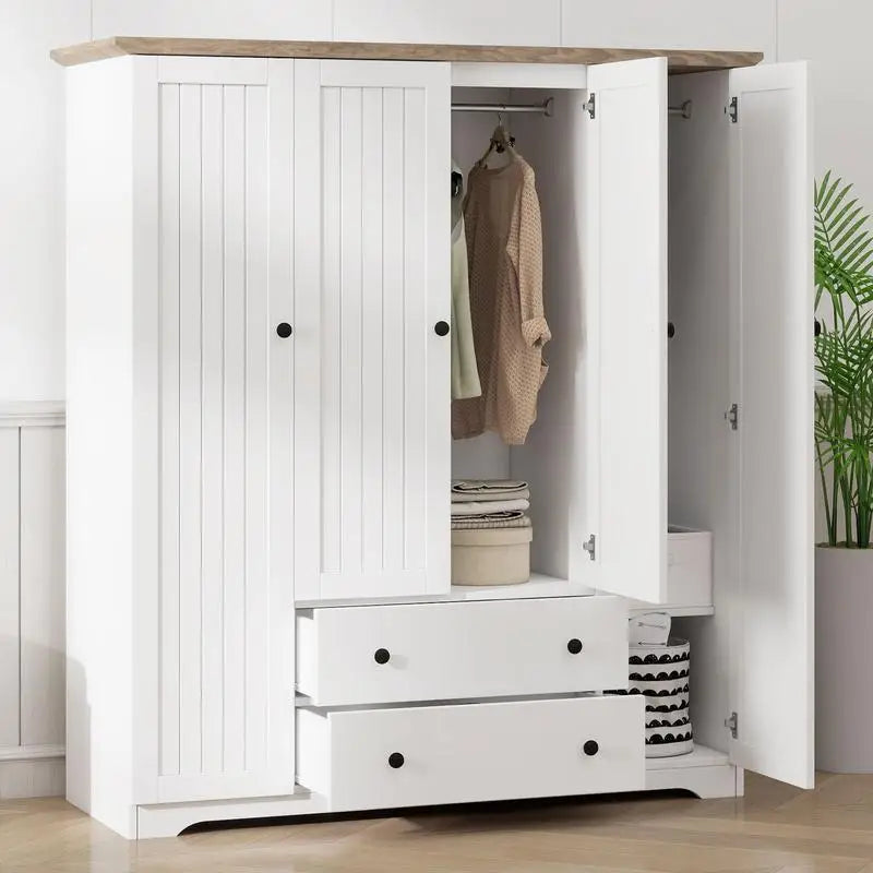 4-Door Wardrobe Armoire Closet with 2 Drawers in White Finish