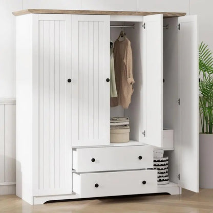 4-Door Wardrobe Armoire Closet with 2 Drawers in White Finish