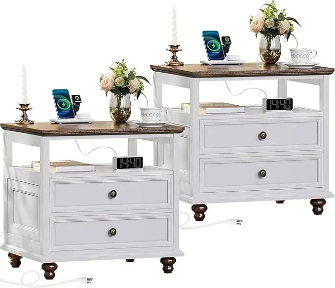 Nightstand Set of 2 with Charging Station, 24" Wide End Table with 2 Drawers