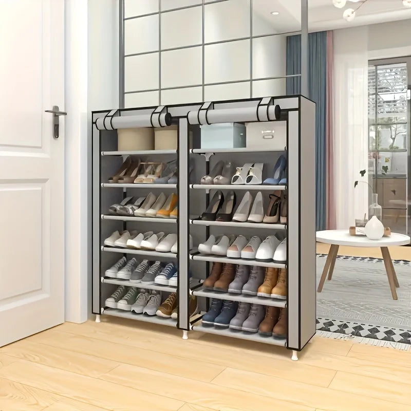 6-layer double row shoe rack with dust cover, black plastic design