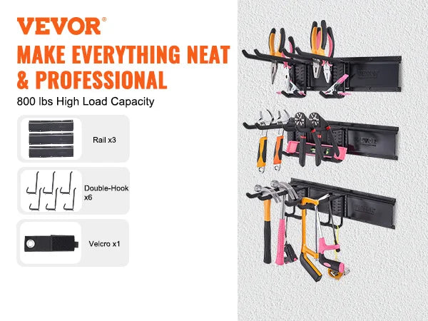 Wall Mount Heavy Duty Storage Rack W/ Adjustable Hook Rails for Shovels Trimmers Hose