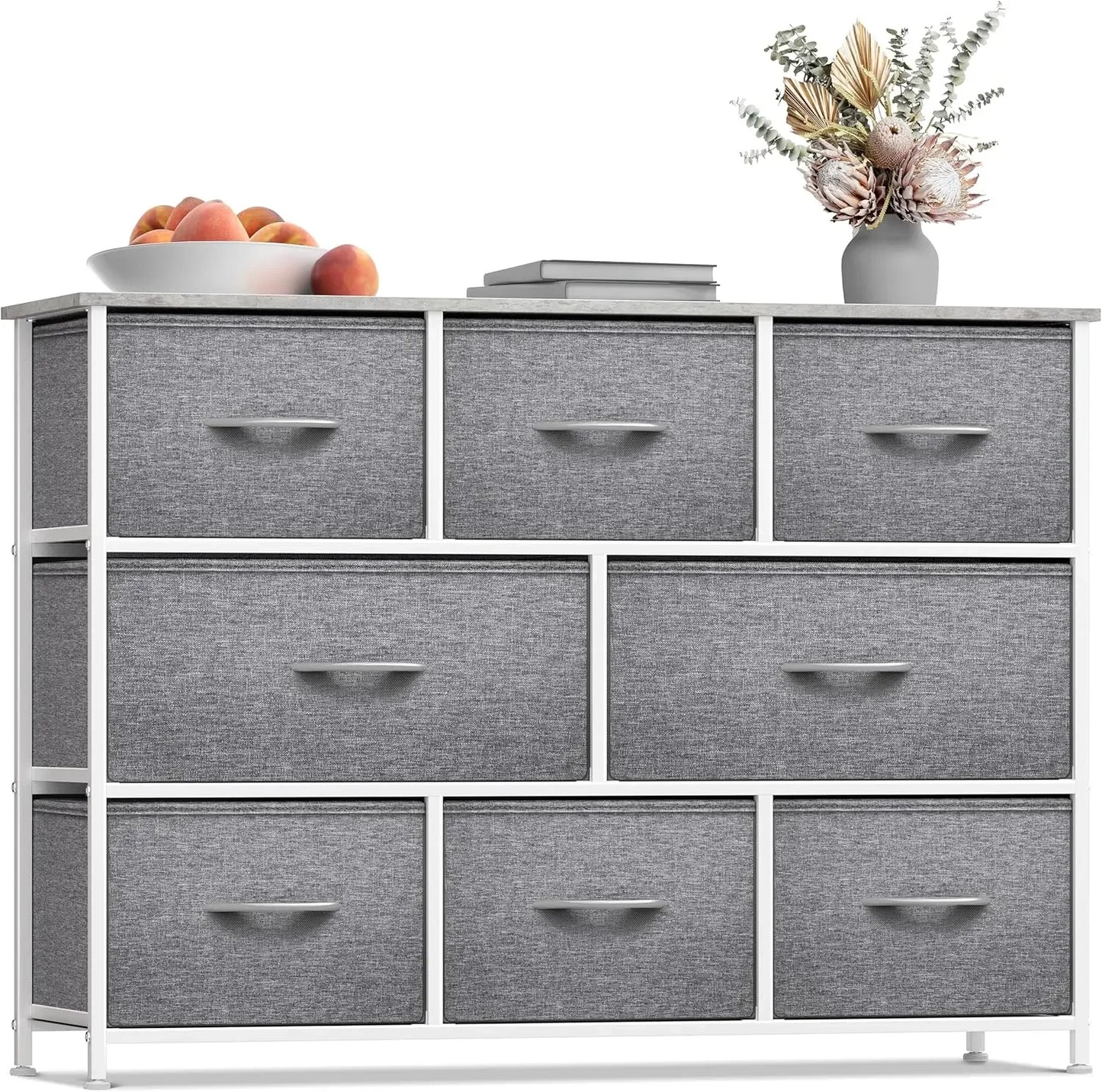 Dresser with 8 Drawers Steel Frame, Wood Top & Handle, Fabric Bins