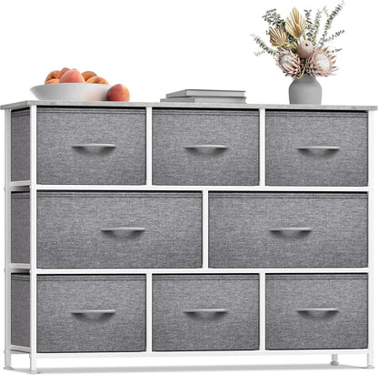 Dresser with 8 Drawers Steel Frame, Wood Top & Handle, Fabric Bins
