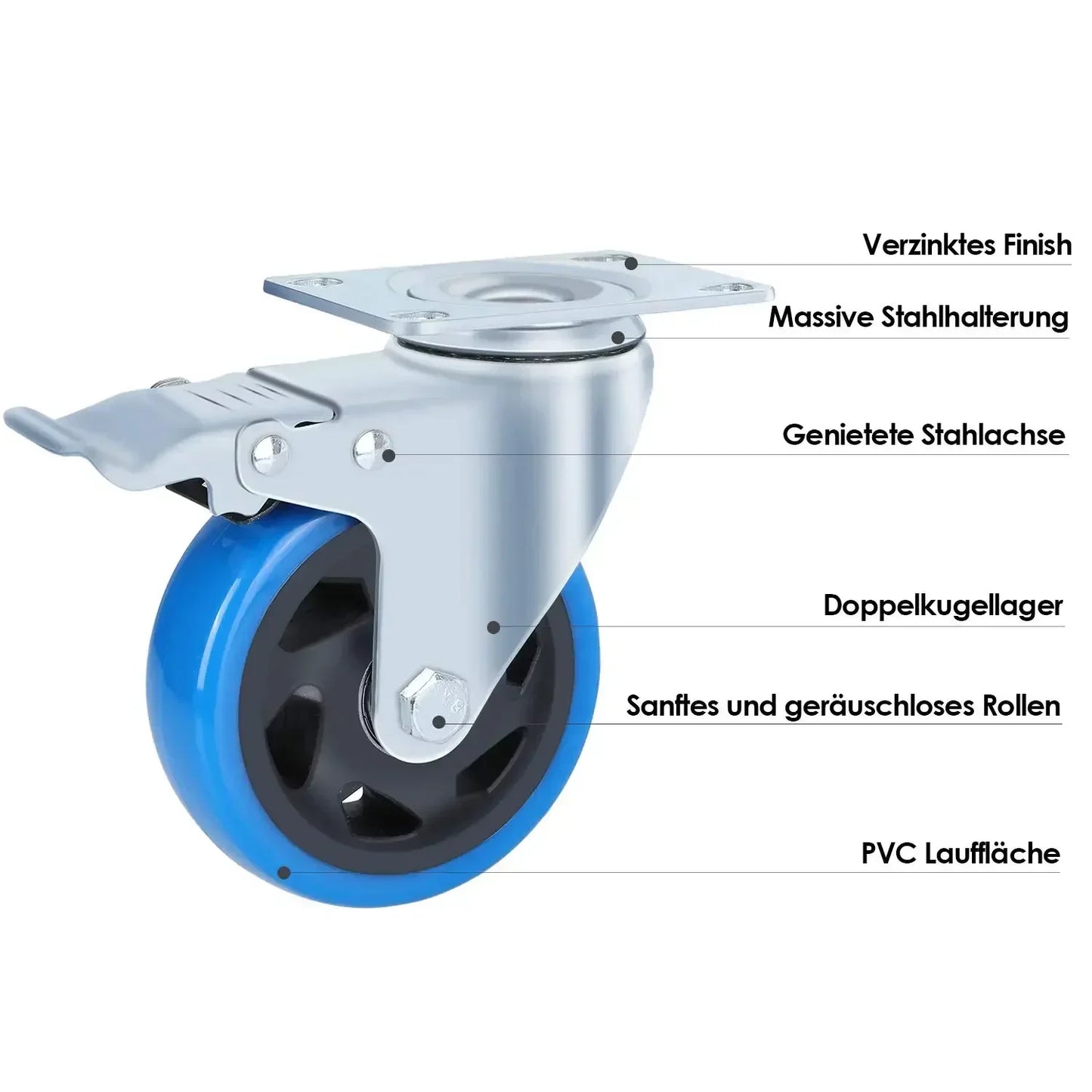 Fixkit 4x 100mm Swivel Castors with Brake Heavy Duty Castors 150kg Per Castor