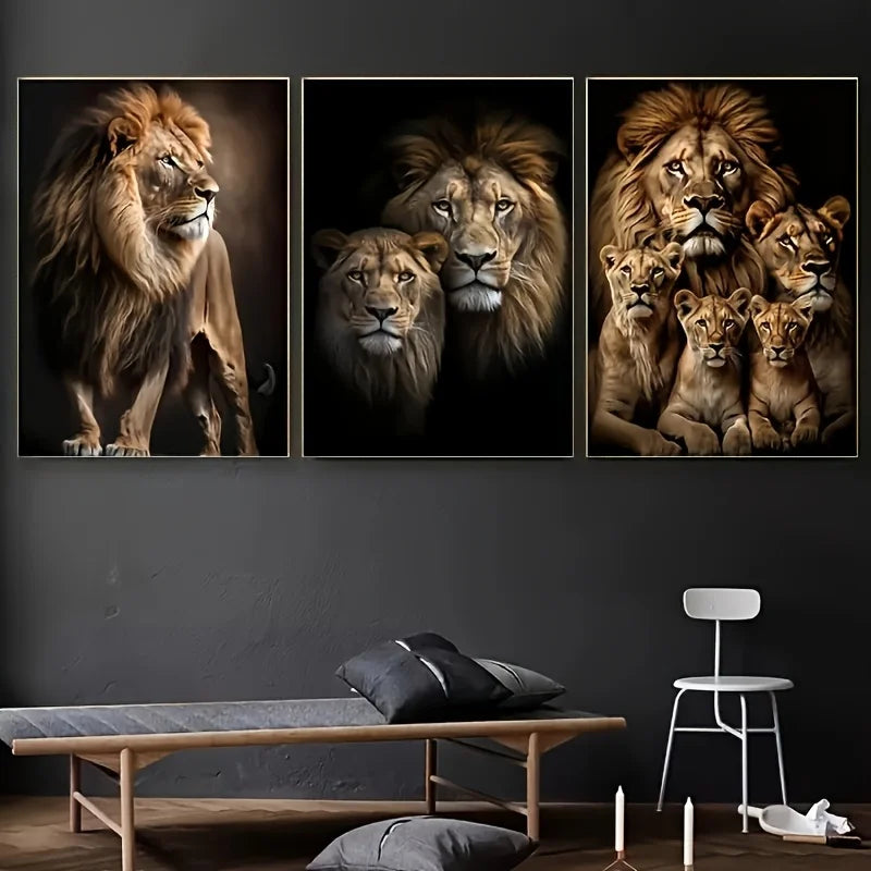 3pcs Art Deco Modern Lion Family Art Print, Large Canvas, Ink on Canvas