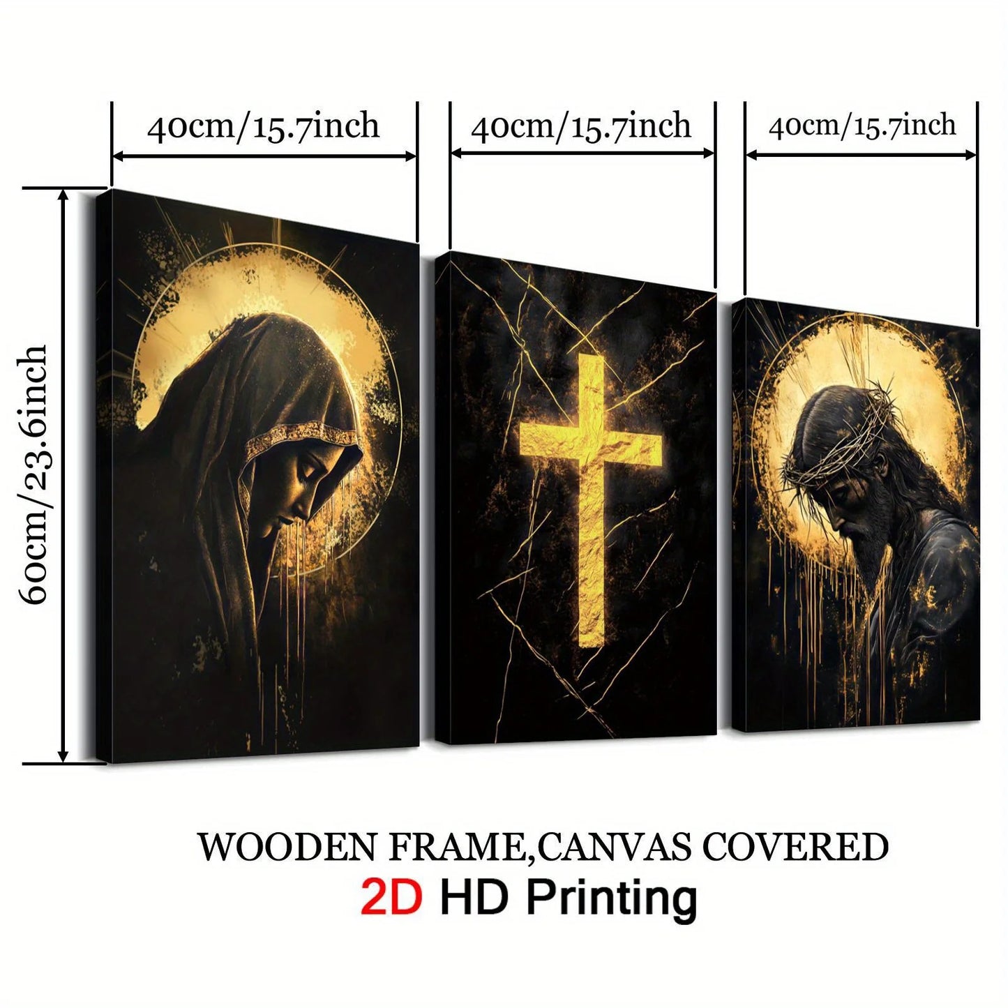 3pcs Religious Canvas Art Set - Golden Cross, Virgin Mary & Jesus, Solemn & Mystical Christian Wall Decor with Wooden Frame, 2D