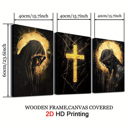 3pcs Religious Canvas Art Set - Golden Cross, Virgin Mary & Jesus, Solemn & Mystical Christian Wall Decor with Wooden Frame, 2D