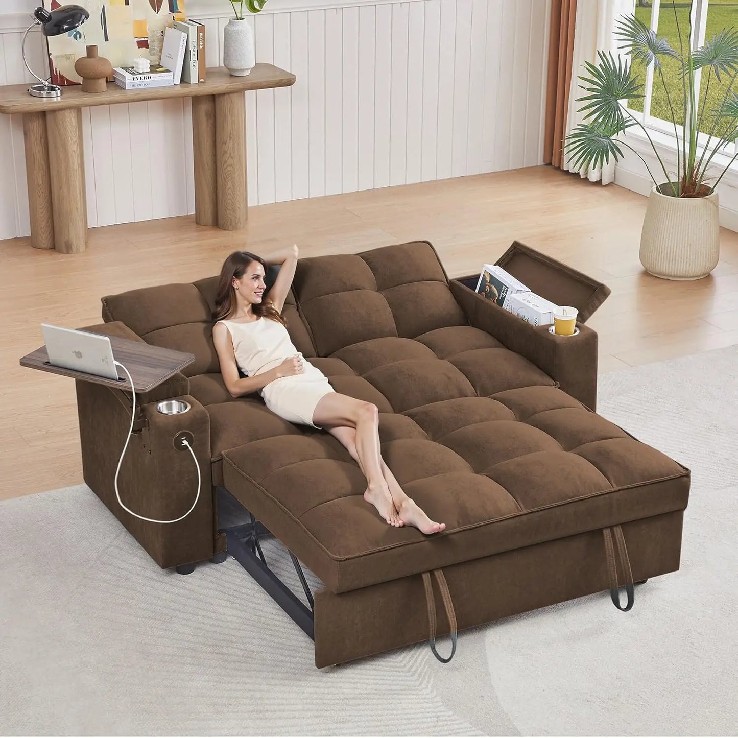 Sleeper Sofa Bed with Adjustable Backrest,, Side Table & USB/-C Ports