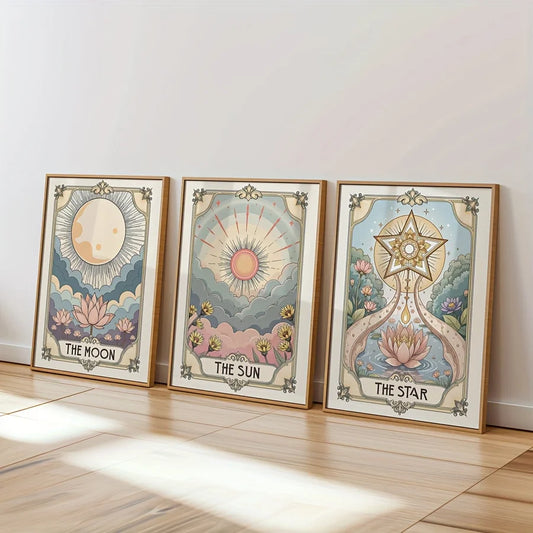 3pcs Vintage Tarot Art Print Set, Wall Decor