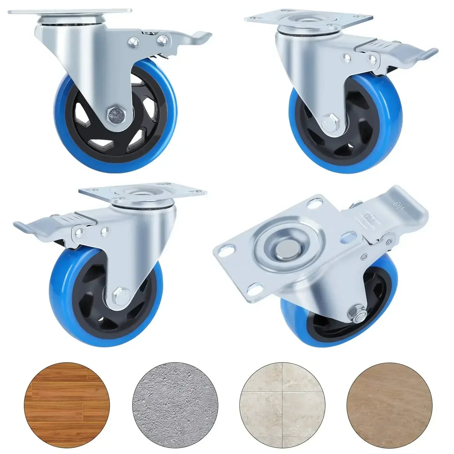 Fixkit 4x 100mm Swivel Castors with Brake Heavy Duty Castors 150kg Per Castor