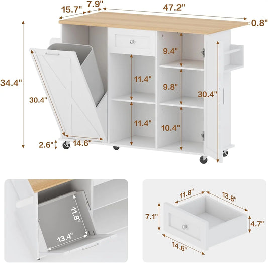48" Rolling Kitchen Island with Drop Leaf & Trash Can Storage