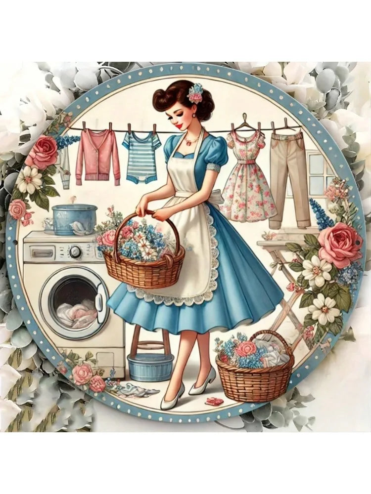 1pc 8x8" Vintage Washing Girl Metal Sign,Home/,Wall Sculpture