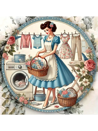 1pc 8x8" Vintage Washing Girl Metal Sign,Home/,Wall Sculpture