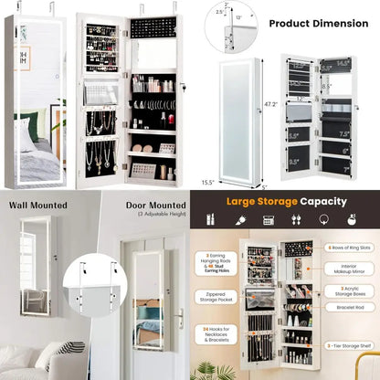 Wall-Mounted Jewelry Cabinet with Touchscreen Lighted Mirror, 47.2" Full-Length, Lockable,