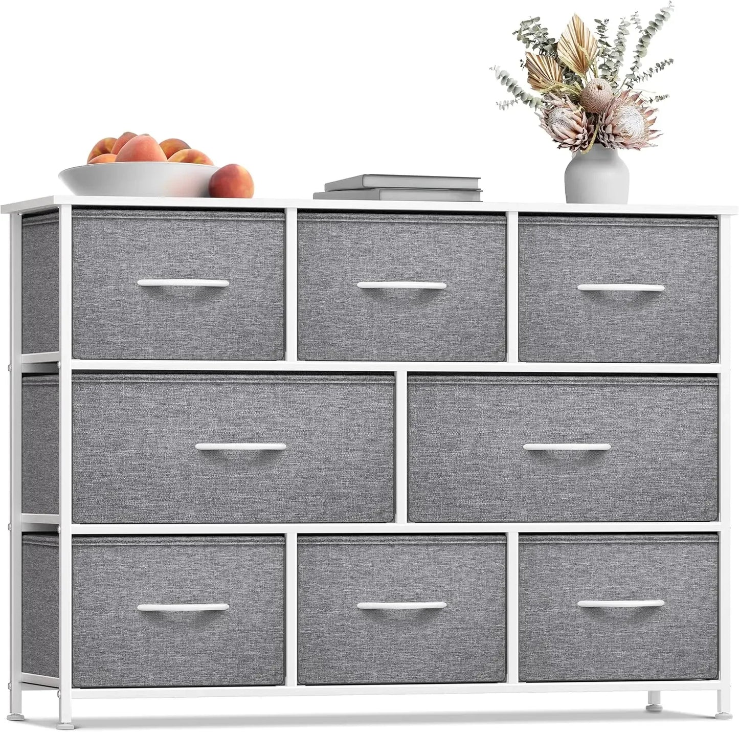 Dresser with 8 Drawers Steel Frame, Wood Top & Handle, Fabric Bins