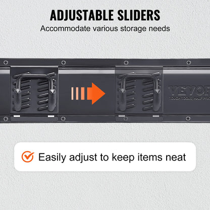 Wall Mount Heavy Duty Storage Rack W/ Adjustable Hook Rails for Shovels Trimmers Hose