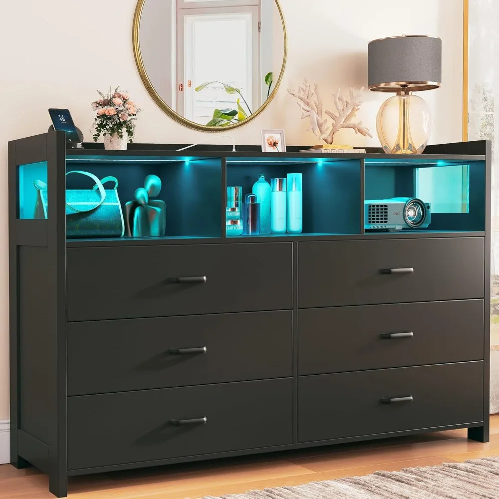 Wooden Dresser,6 Draws with Power Strip