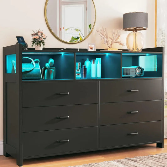 Wooden Dresser,6 Draws with Power Strip