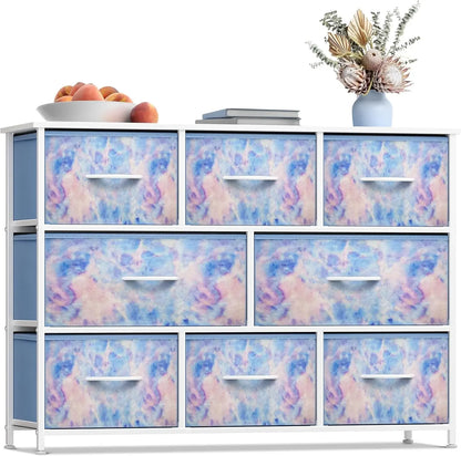 Dresser with 8 Drawers Steel Frame, Wood Top & Handle, Fabric Bins