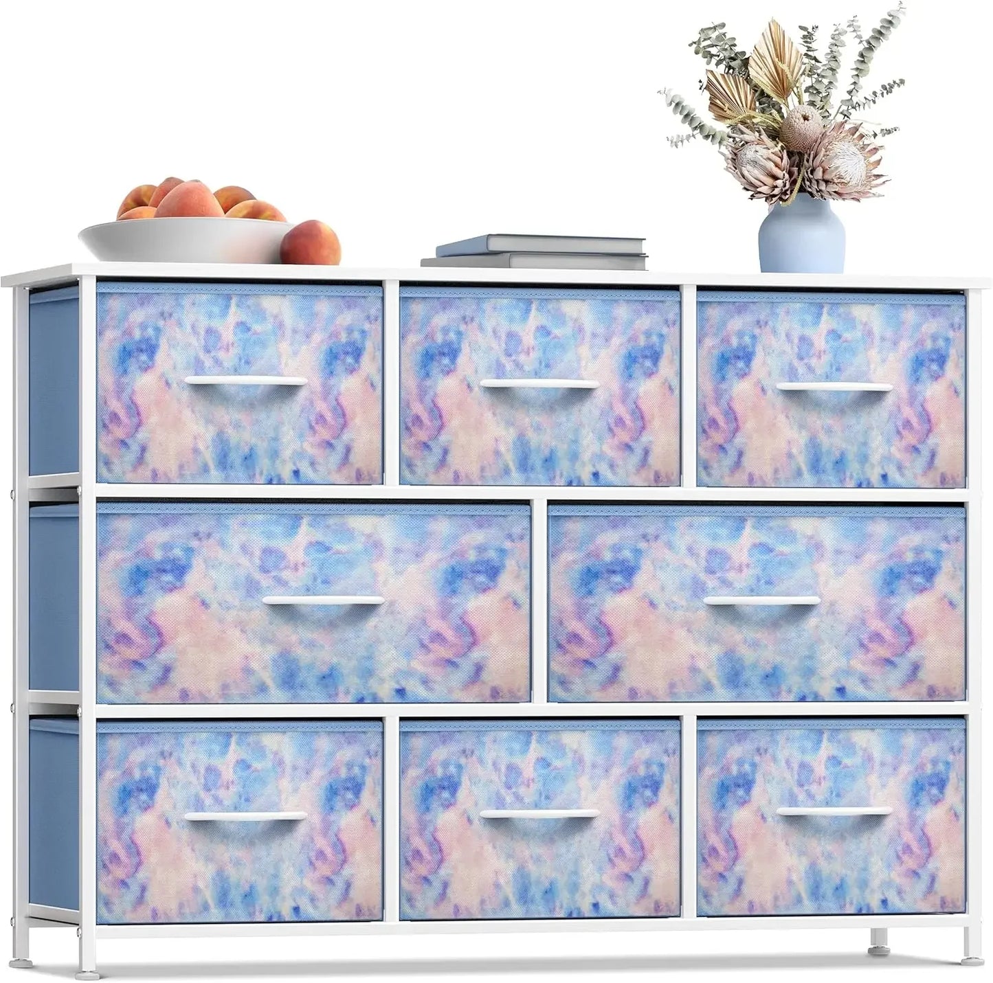 Dresser with 8 Drawers Steel Frame, Wood Top & Handle, Fabric Bins