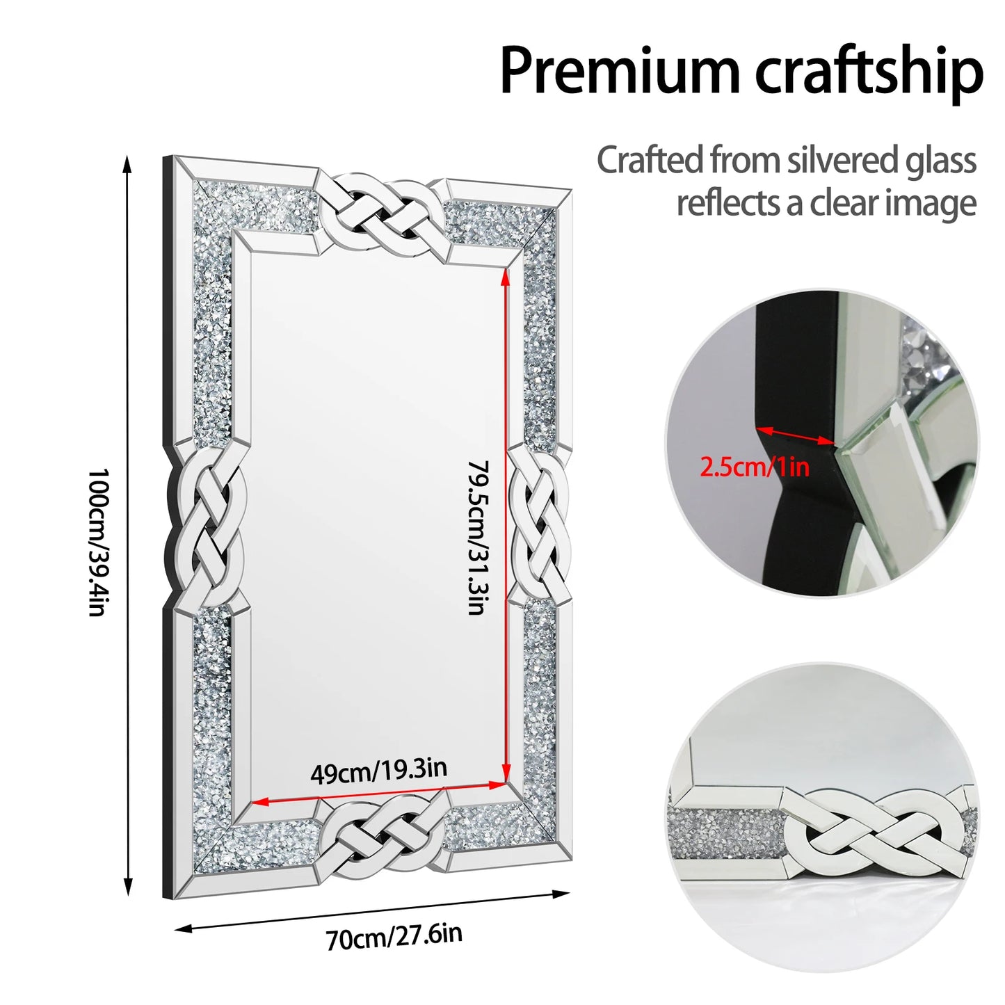 90/100/120CM Large Crystal Crush Diamond Mirror Vanity Silver Decorative