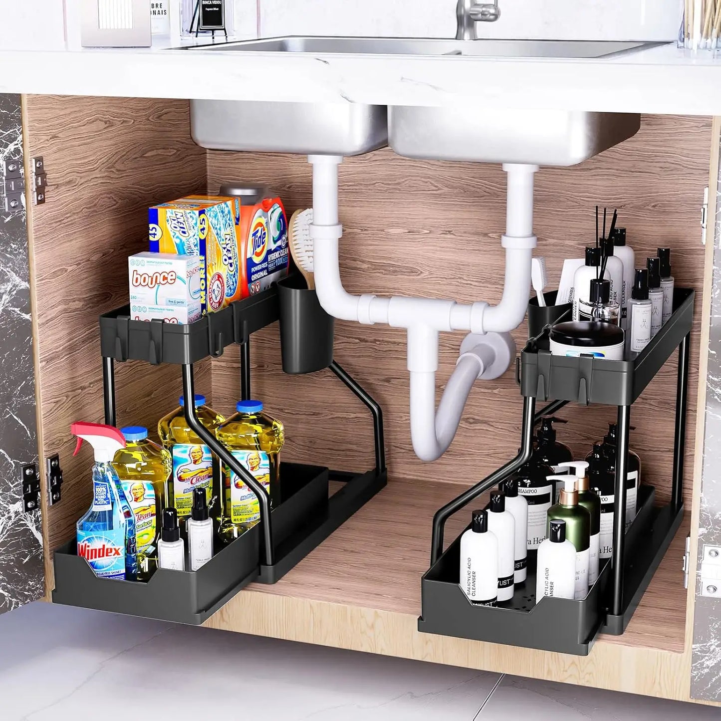 Under-sink storage rack, kitchen cabinet storage, dual-slide storage drawer,