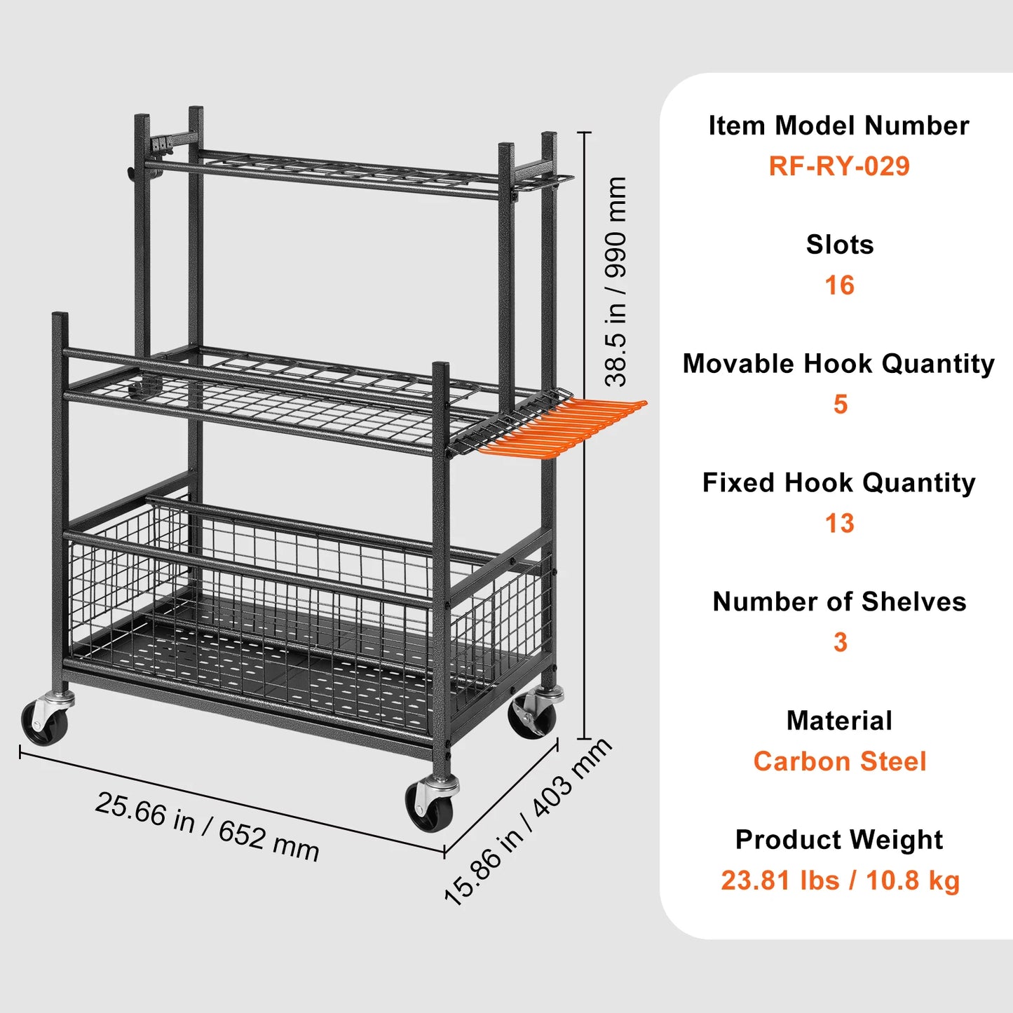16 Slots Garden Tower Rack with Hooks Wheels  for Garage Storage