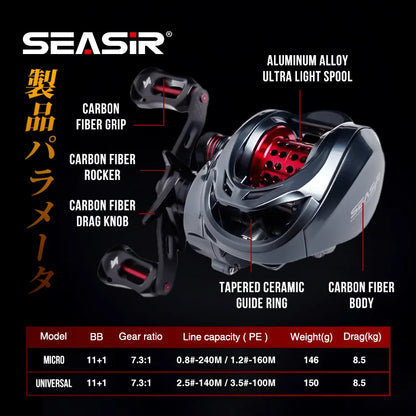 Baitcasting Fishing Reel 146g Ultralight Carbon  Ceramic Bearing Double Spools Seawater